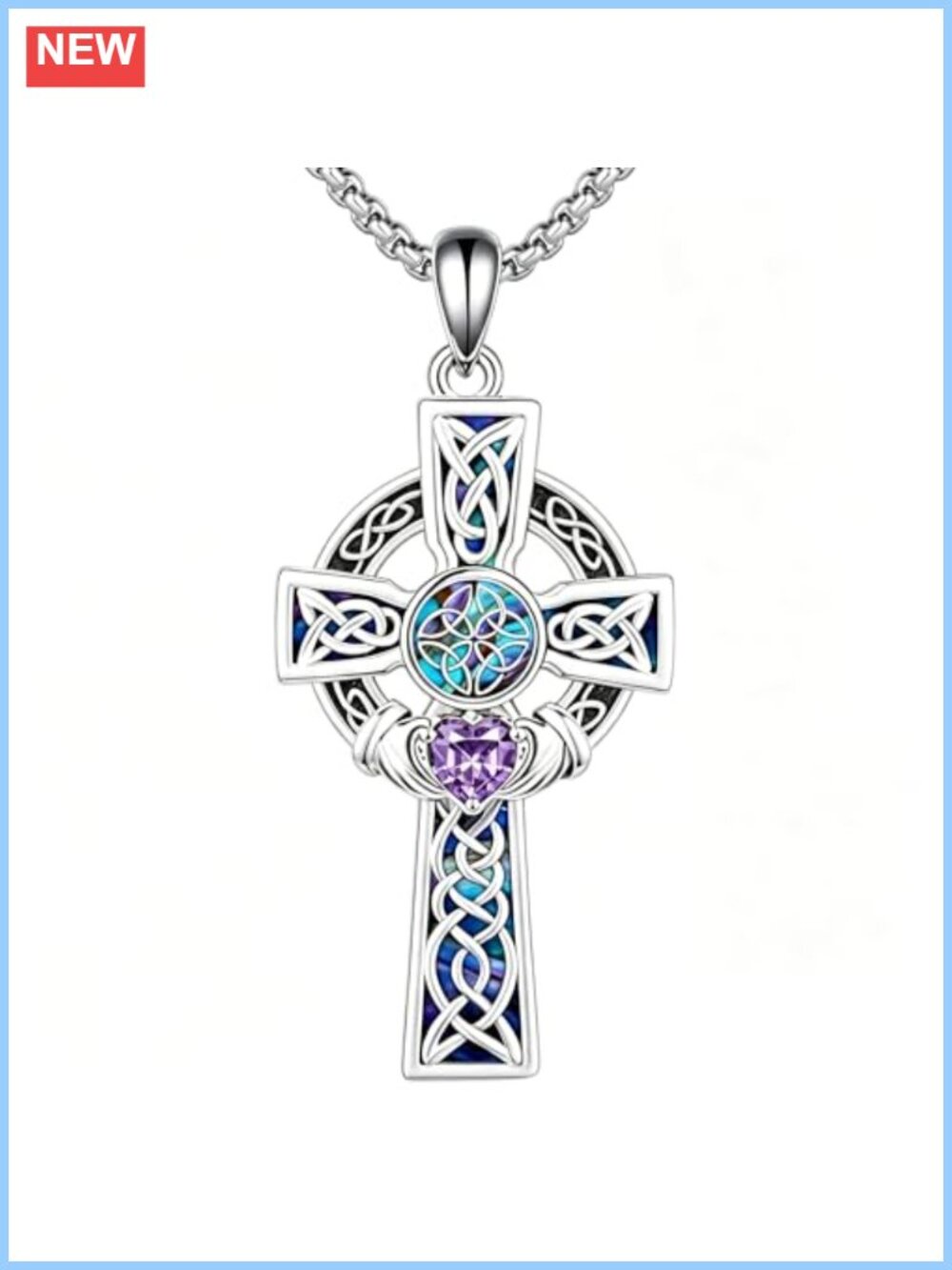 Celtic Knot Cross Birthstone Pendant Necklace 18K White Gold Plated